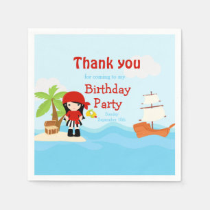 Cute Black Hair Pirate Girl in Red Birthday Napkin