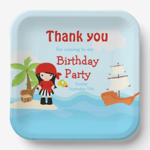Cute Black Hair Pirate Girl in Red Birthday Paper Plate