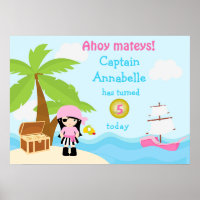 Cute Black Hair Pirate Girl Pink Birthday Poster