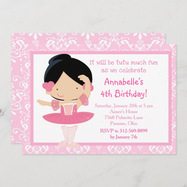 Cute Black Haired Ballerina and Pink Damask Invitation (Front/Back)