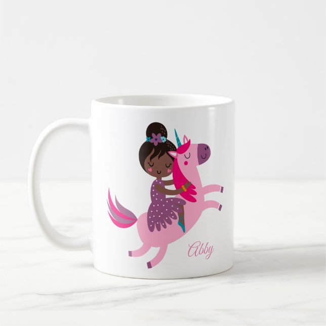 Cute Black Haired Girl Riding on a Unicorn Coffee Mug (Left)