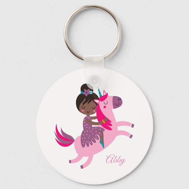 Cute Black Haired Girl Riding on a Unicorn Key Ring (Front)