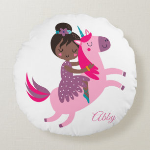 Cute Black Haired Girl Riding on a Unicorn Round Cushion