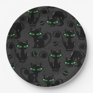 CUTE BLACK HALLOWEEN CATS WITH GREEN EYES PAPER PLATE