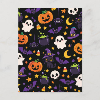 Cute Black Halloween Witch Cat Ghost Pumpkin Postcard