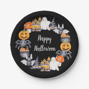 Cute Black Happy Halloween Illustration Paper Plate