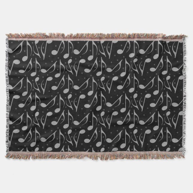 Cute Black Houndstooth Chic Musical Notes Throw Blanket (Front)