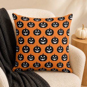 Cute Black Jack-O-Lantern Pumpkin Orange Halloween Cushion