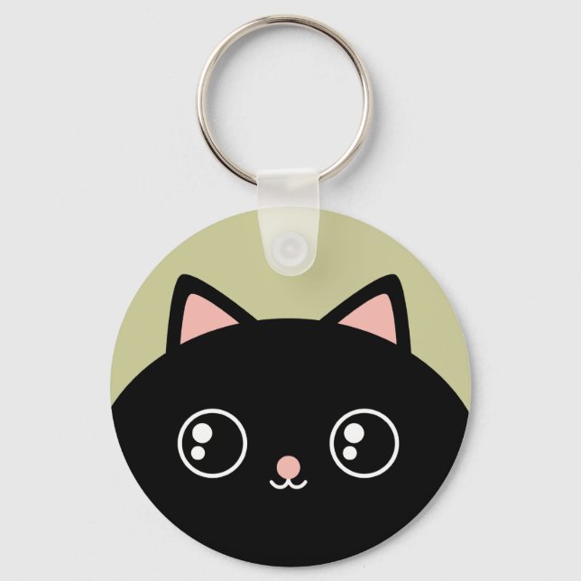 Cute Black Kawaii Kitty Round Keychain (Front)