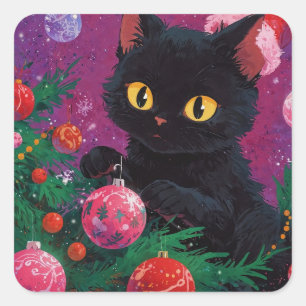 Cute Black Kitten and Christmas Tree Square Sticker