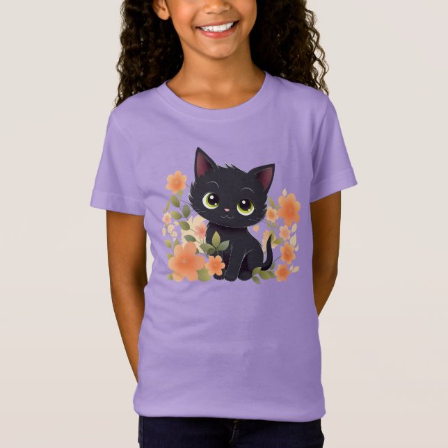 Cute Black Kitten and Flowers T-Shirt (Front)