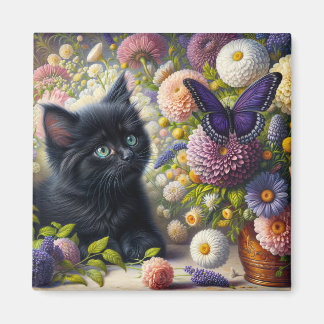 Cute Black Kitten and Purple Butterfly Floral  Magnet