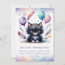 Cute Black Kitten Birthday Invitation Boho