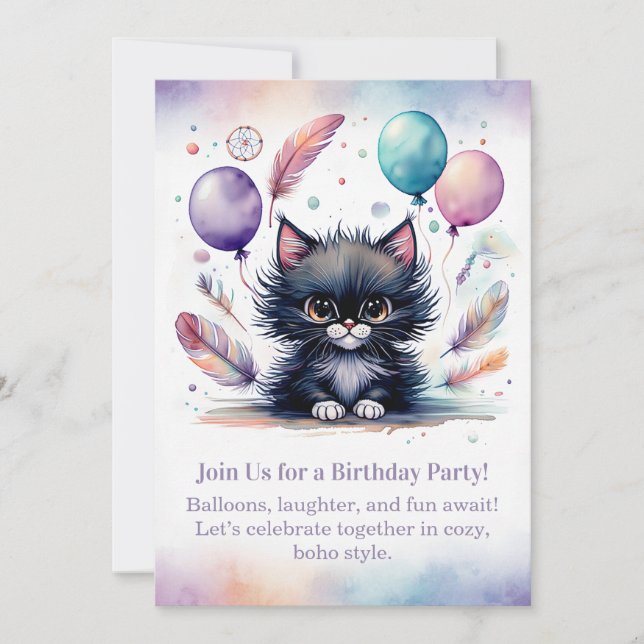 Cute Black Kitten Birthday Invitation  Boho  (Front)