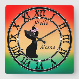 Cute black kitten cat gradient coral blue backgrou square wall clock
