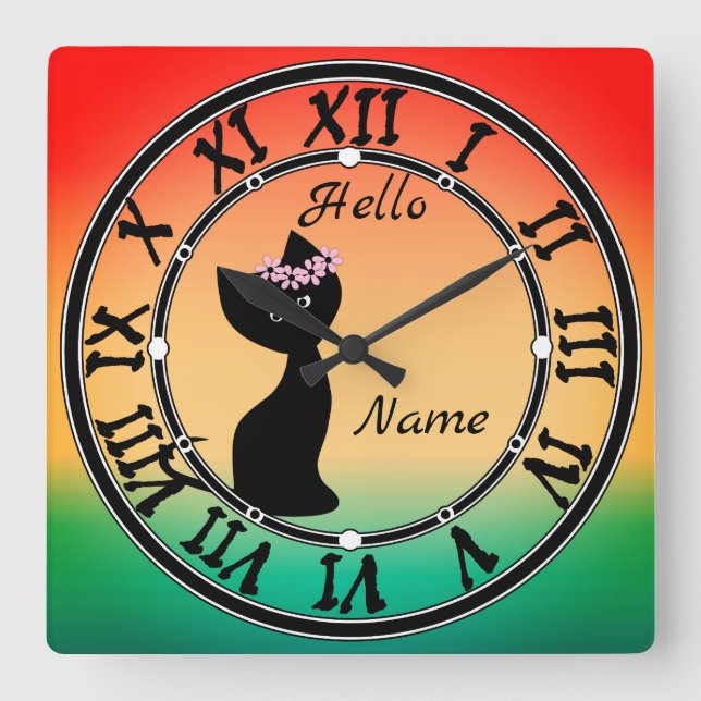 Cute black kitten cat gradient coral blue backgrou square wall clock (Front)