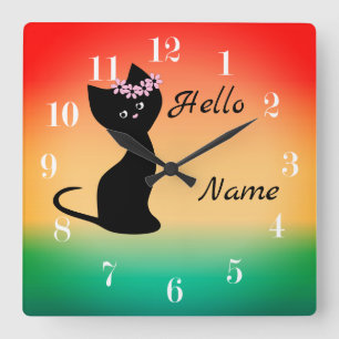 Cute black kitten cat gradient coral blue backgrou square wall clock