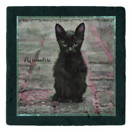 Cute Black Kitten Cat Green Pink Rustic Stone  Trivet