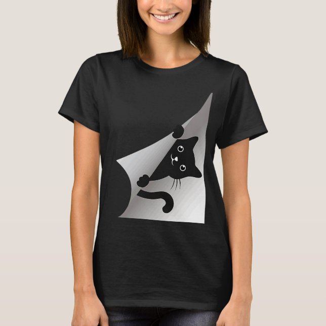 Cute Black Kitten Cat Peeking Kitty T-Shirt (Front)