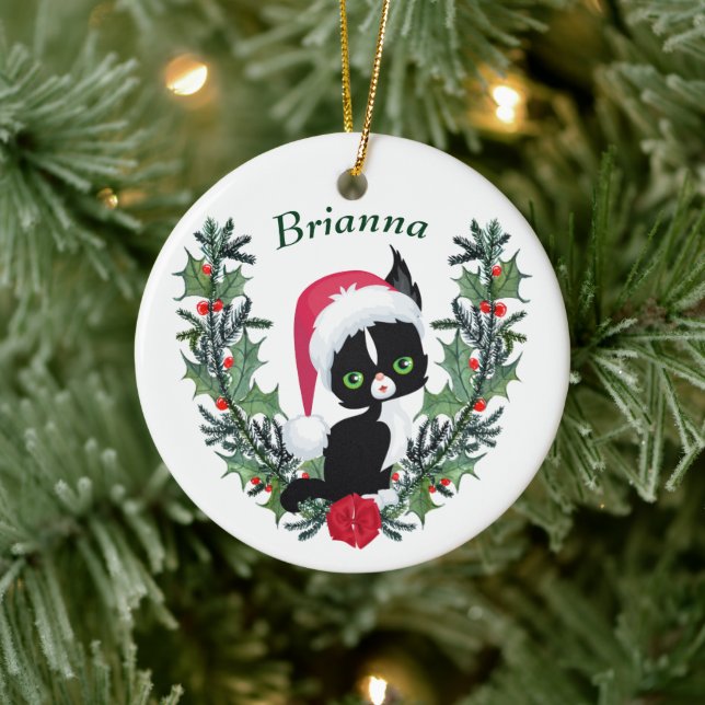 Cute Black Kitten Christmas Wreath Ceramic Tree Decoration (Tree)