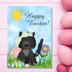 Cute Black Kitten, Colourful Eggs Happy Easter Cat Holiday Card
