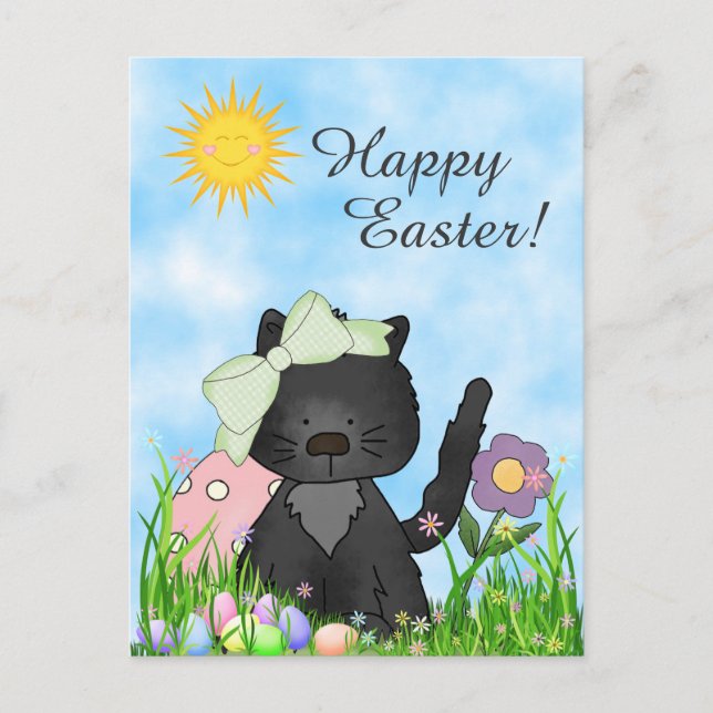 Cute Black Kitten, Colourful Eggs Happy Easter Cat Holiday Postcard (Front)