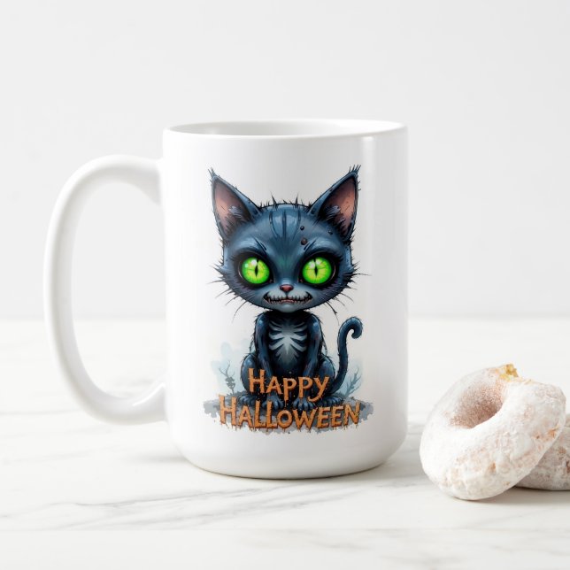 Cute Black Kitten Halloween Whimsical Cat Lover  Coffee Mug (With Donut)