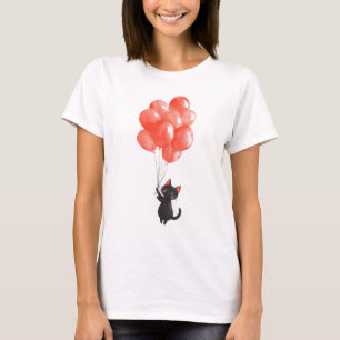 Cute black kitten holds a bunch of red balloons T-Shirt