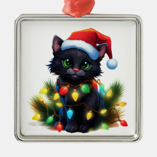 CUTE BLACK KITTEN HOLIDAY CHRISTMAS LIGHTS METAL TREE DECORATION