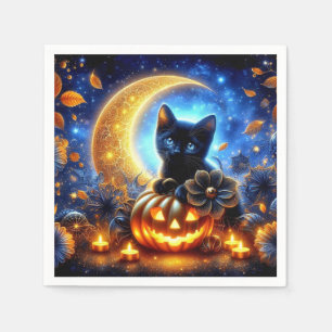 Cute black kitten, jack-o-lantern and moon napkin