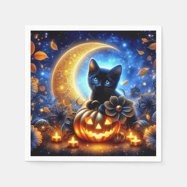 Cute black kitten, jack-o-lantern and moon napkin (Front)