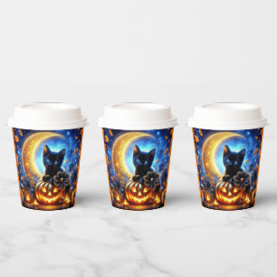 Cute black kitten, jack-o-lantern and moon paper cups