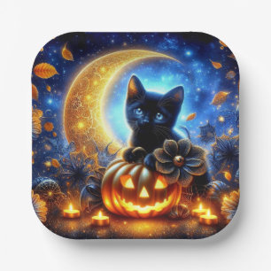 Cute black kitten, jack-o-lantern and moon paper plate