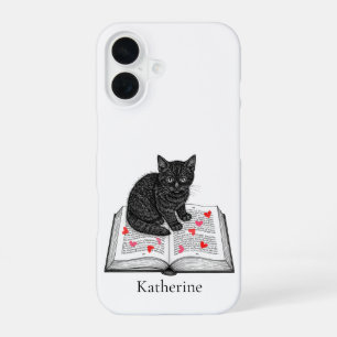 Cute Black Kitten on a Book Personalized with name iPhone 16 Case