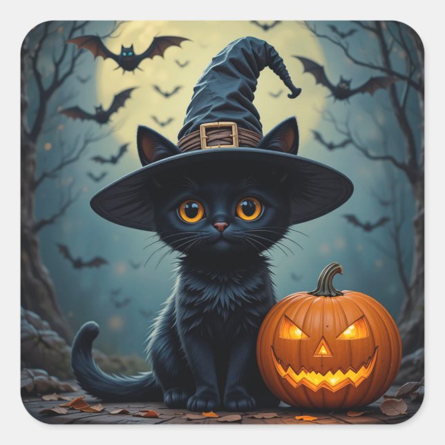 Cute Black Kitten Pumpkin Witch Hat Halloween Scen Square Sticker (Front)