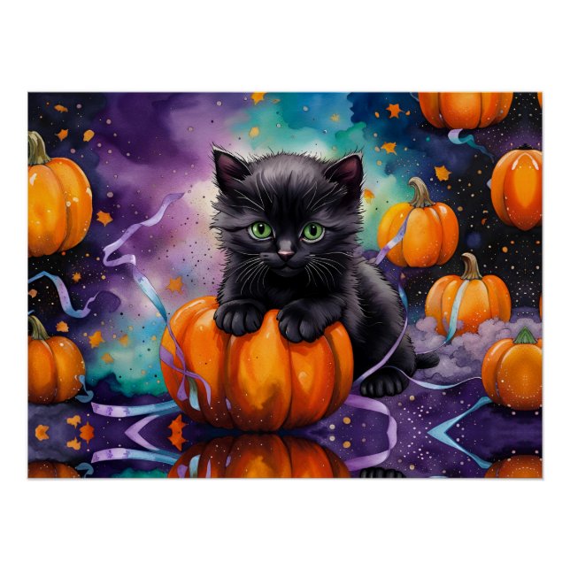 Cute Black Kitten Pumpkins and Ribbon Poster (Front)