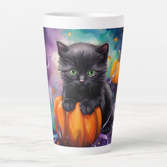 Cute Black Kitten Pumpkins N Ribbons Halloween Latte Mug (Front)