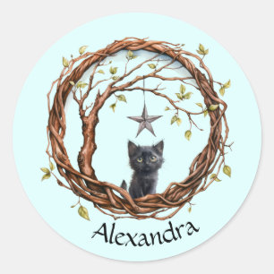 Cute Black Kitten Watching a Star Classic Round Sticker