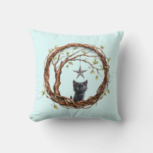 Cute Black Kitten Watching a Star Cushion