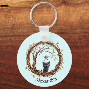 Cute Black Kitten Watching a Star Key Ring