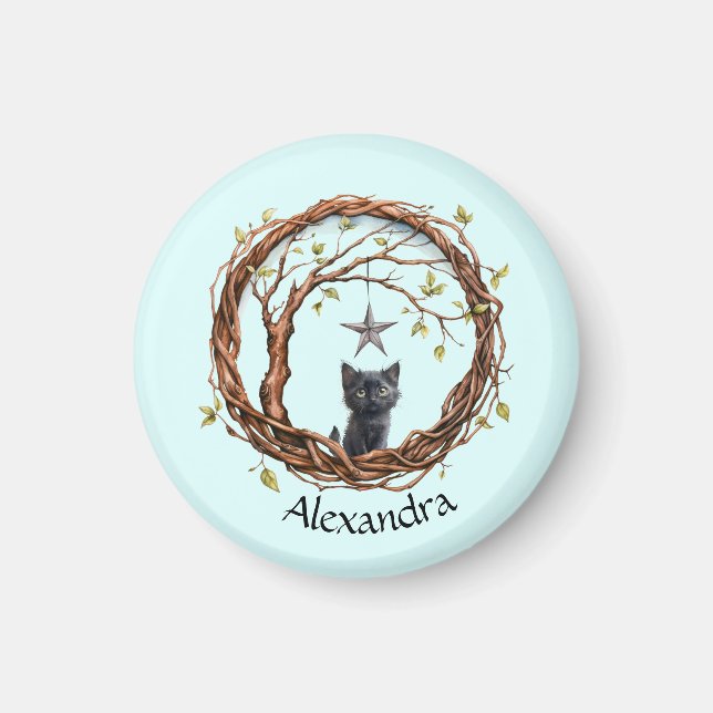 Cute Black Kitten Watching a Star Magnet (Front)