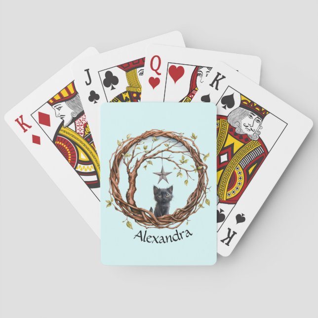 Cute Black Kitten Watching a Star Playing Cards (Back)