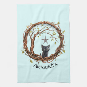 Cute Black Kitten Watching a Star Tea Towel