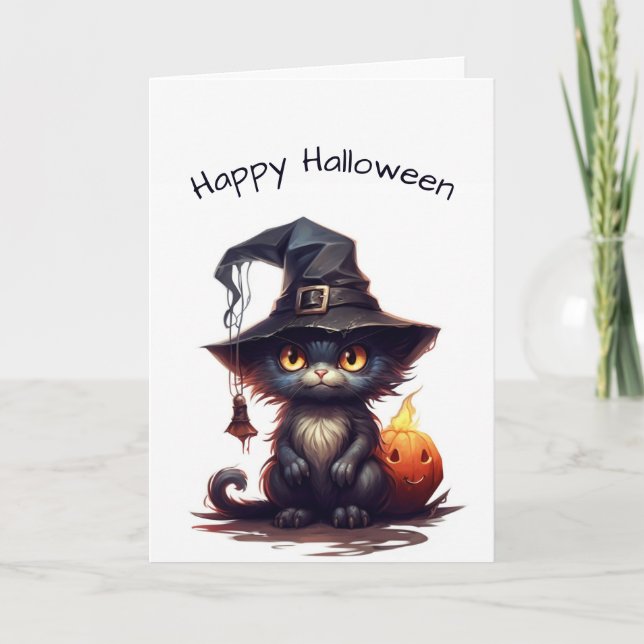 Cute Black Kitten Witch Halloween Card (Front)