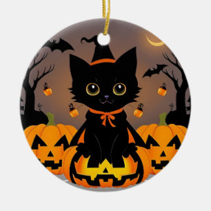 🧙‍♀️🐱 Cute Black Kitten Witchy Halloween Magic ✨ Ceramic Tree Decoration