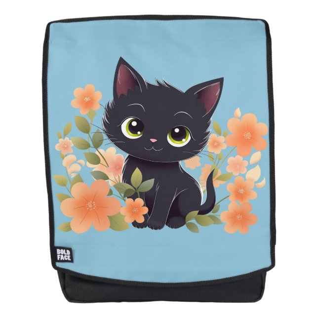 Cute Black Kitten with Flowers Backpack (Front)