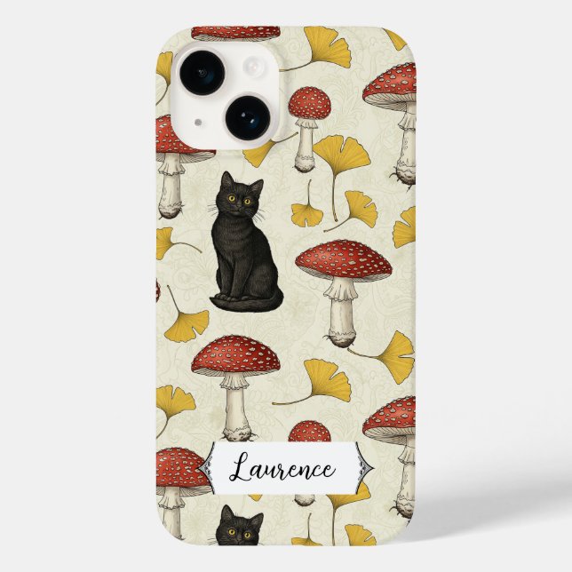 Cute Black Kitten with Mushrooms Personalized name Case-Mate iPhone Case (Back)