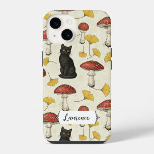 Cute Black Kitten with Mushrooms Personalized name iPhone 14 Case