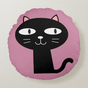 CUTE BLACK KITTY CAT PILLOWS, Pink Round Cushion