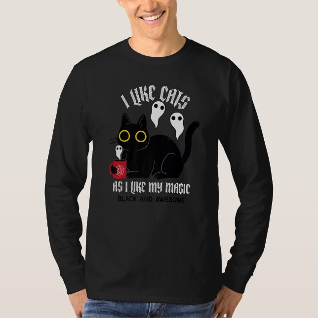 Cute Black Kitty Witchy Tee With Ghosts Black Magi (Front)